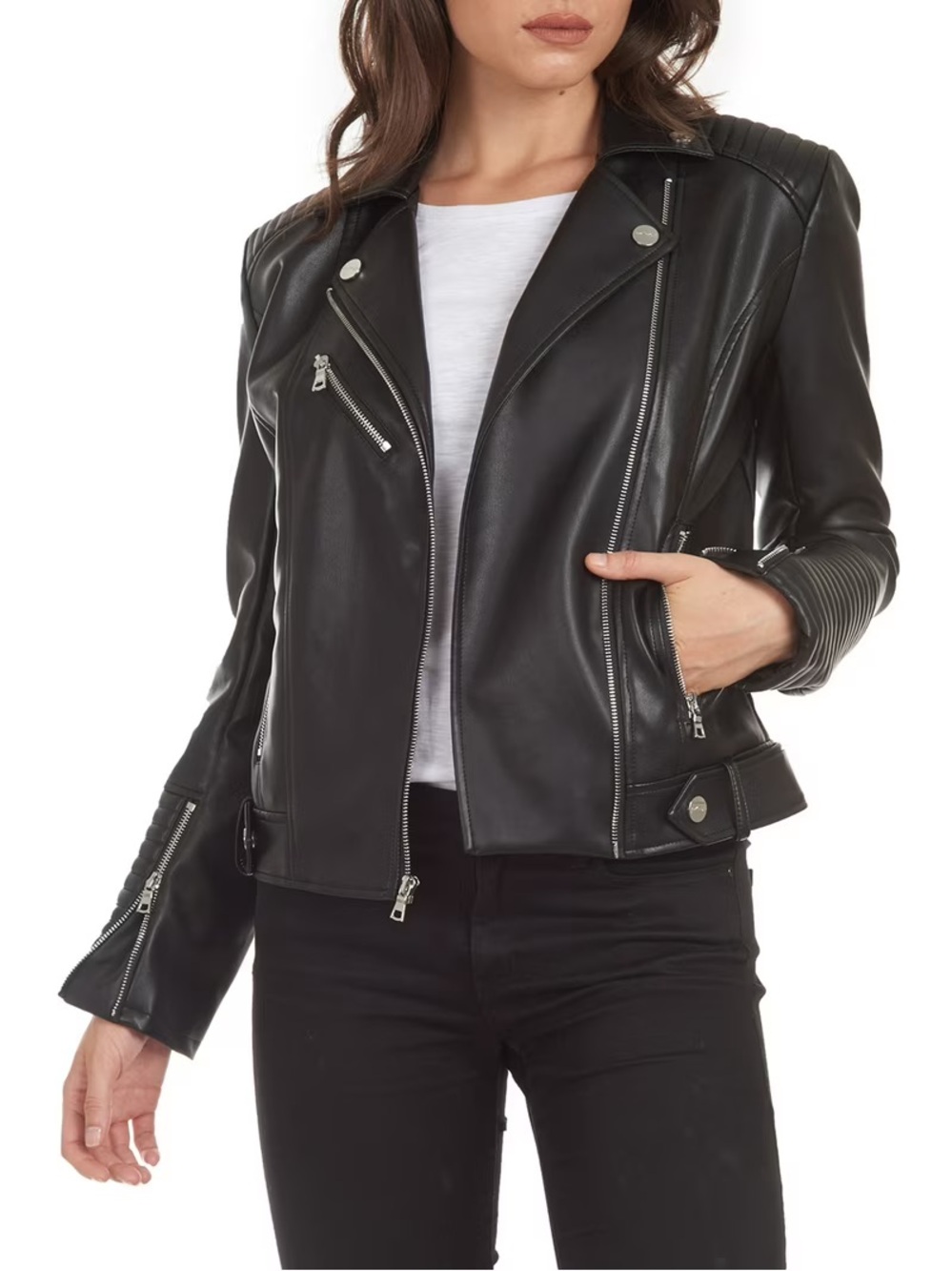 Kendall & Kylie Black Quilted-Shoulder Faux Leather Bomber Jacket NWOT